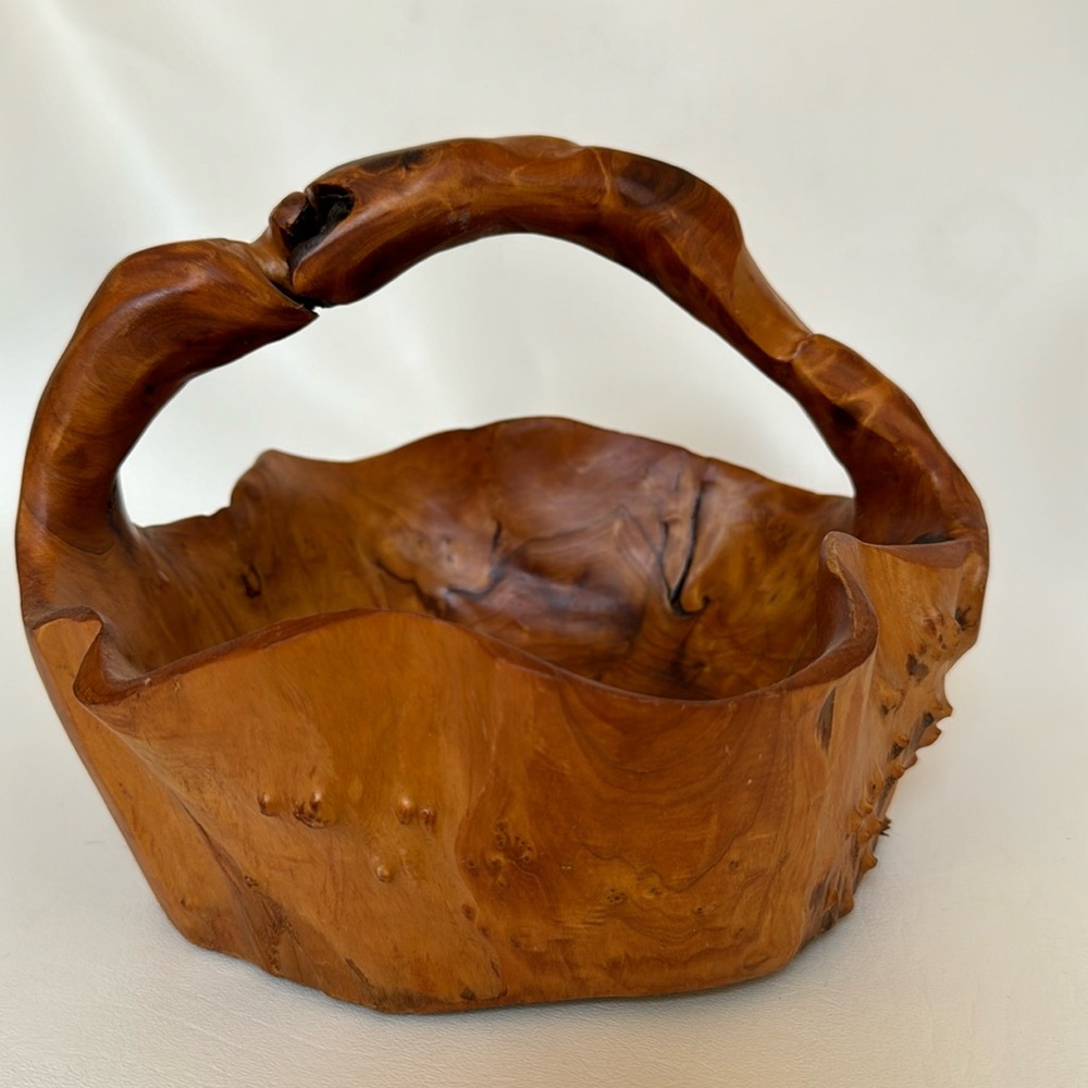 Hand Crafted Burl Wood Basket with Handle -Mid Century Large - 10”X10"X7”Rustic